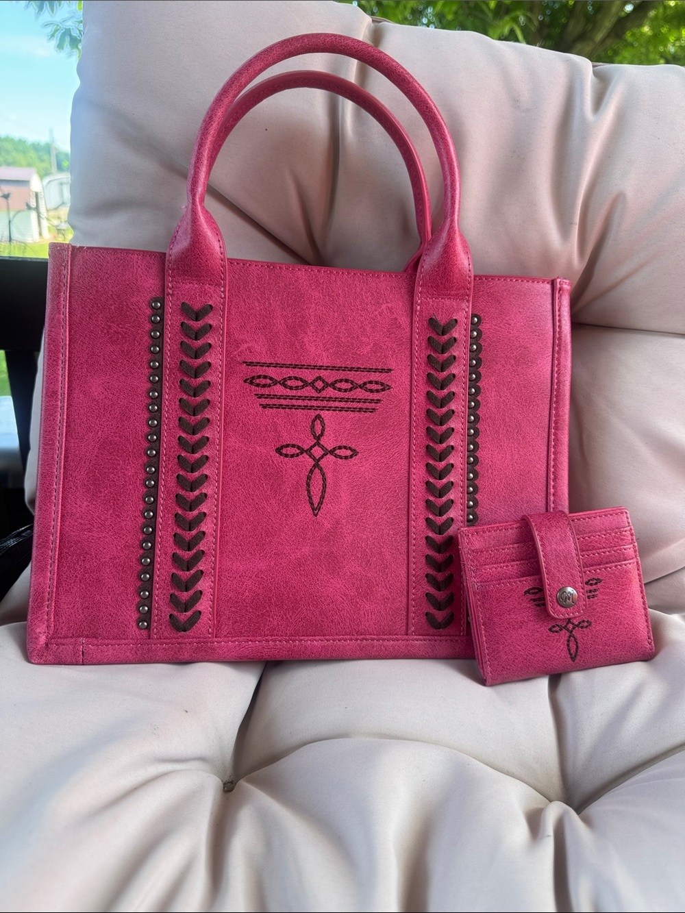 Montana West Hot Pink Embroidered Tote with Matching Cardholder